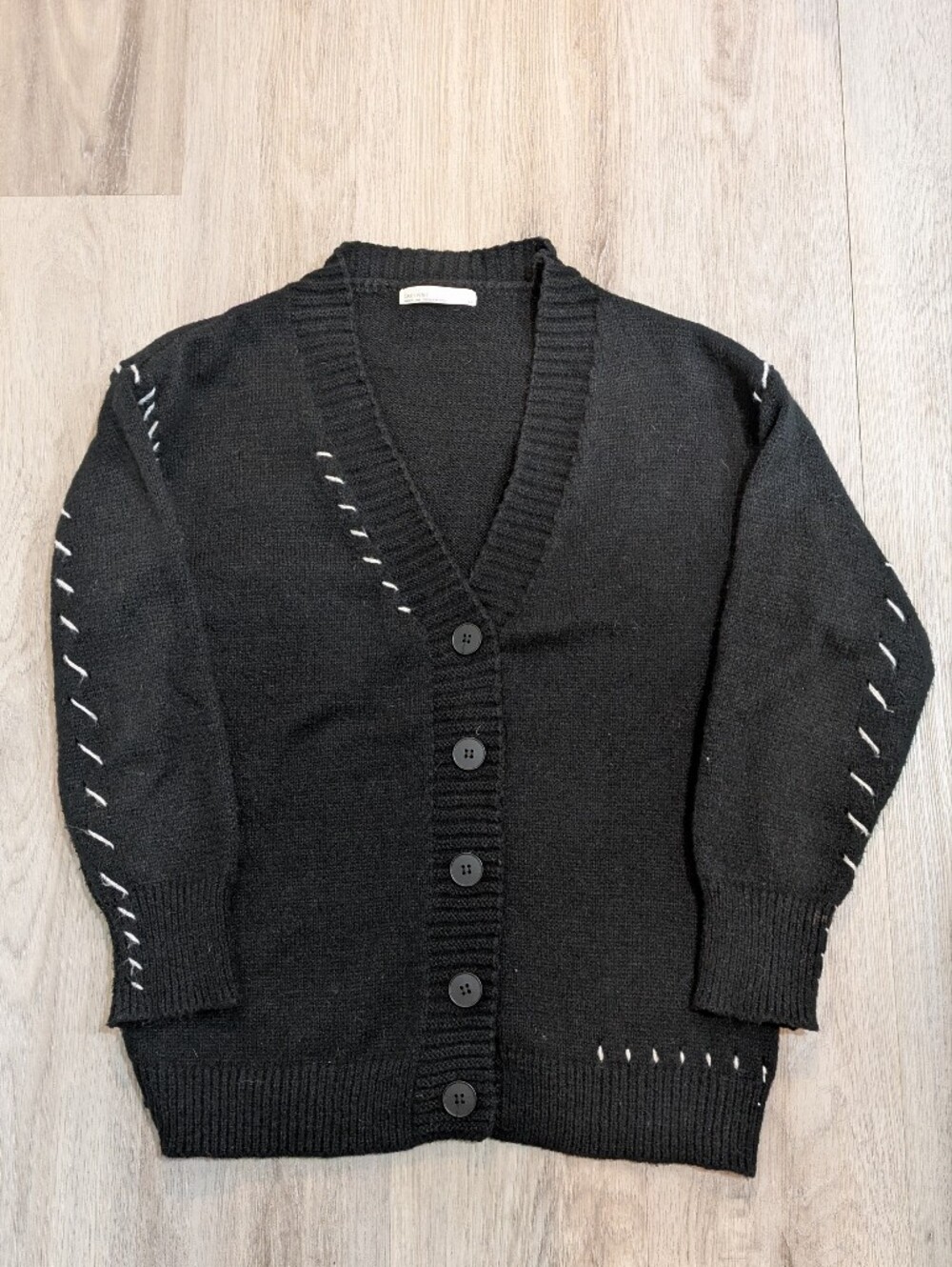 OAK + FORT Black V-Neck Button Cardigan with Contrast Stitch - Size Small